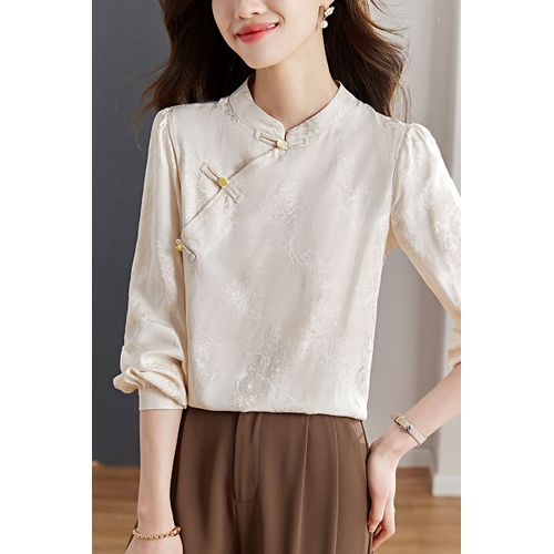 Chemise À Col Montant Boutonnée De Style Chinois Pour Femme, Manches Longues, Style Printemps, Chic