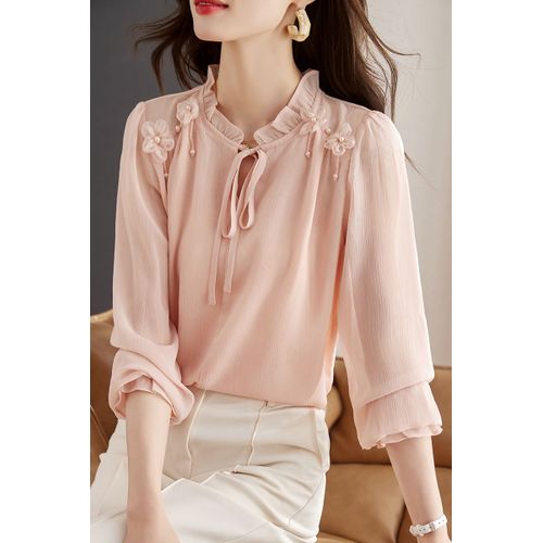 Chemise En Mousseline À Manches Longues Avec Champignon À Lacets, Haut Pour Femme Douce, Chemisier À La Mode Et Élégant