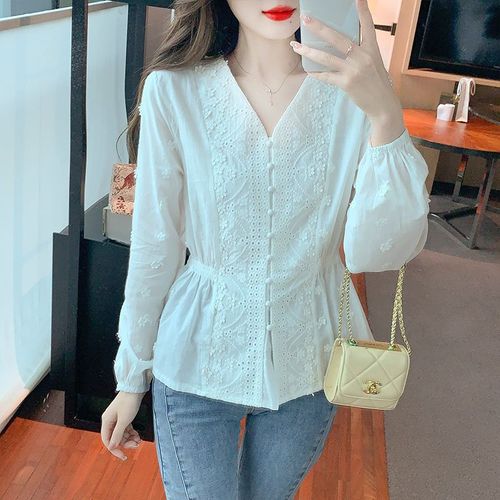 Chemisier En Mousseline Brodée Pour Femme, Haut À Manches Longues Et Taille Haute Avec Dentelle