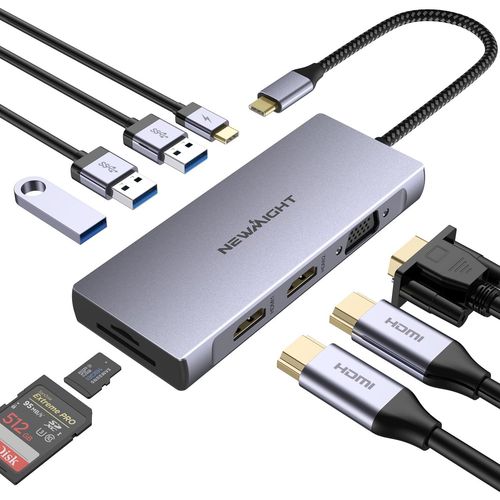 CHECARZHN--NO1-Dock Usb C,Station D'Accueil Usb C 9 En 1 Vers Double Hdmi,Avec Alimentation 100W, 2 Hdmi, Vga, 3 Usb 3.0, Lecteur De Cartes Sd/Tf, Hub Usb C Triple Affichage Pour Macbook, , Dell¿