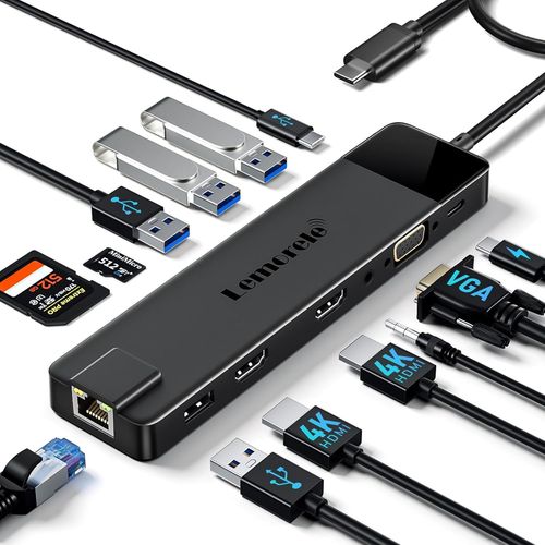CHECARZHN--NO1-Dock Station D'Accueil Usb C Pour 3*Ecrans, Adaptateur Hub 13-En-1 Vers Dual Hdmi, Vga, Gigabit Ethernet, 2 Usb 3.0&2.0, 100W Pd, Usb-C Data, Sd/Tf, Aux 3,5 Mm Pour Macbook/ /Dell/Leno