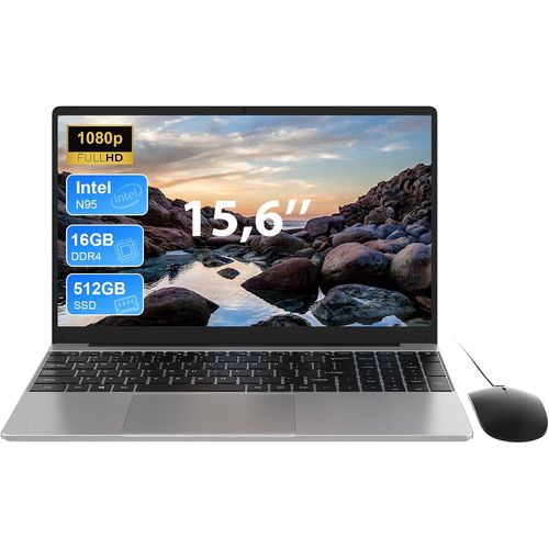 CHECARZHN--NO1-Ordinateur Portable 15,6 Pouces, 16 Go Ddr4 512 Go Ssd, Quad-Core N95(Jusqu'À 3,40 Ghz), Pc Portable Léger Avec Double Wi-Fi, Bt5.0, Usb 3,0, Type C, Mini Hdmi, Souris Incluse