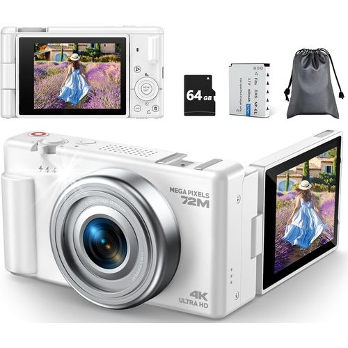 CHECARZHN--NO1-Appareil Photo Numérique 4K, Appareil Photo Compact 72Mp 18X Digital Zoom, Écran Rabattable 270° Et Autofocus Appareils Photo Vlogging, Avec Carte 64Gb, Batterie Pour Adolescents, Débu