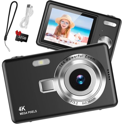 CHECARZHN--NO1-Appareil Photo Numérique 1080P Fhd Appareil Photo Compact 44Mp Avec Écran Lcd 2,4"" Zoom Numérique 16X Vlogging Appareil Photo Numérique Portable Avec Carte Sd 32 Go Pour Enfants (Noir)