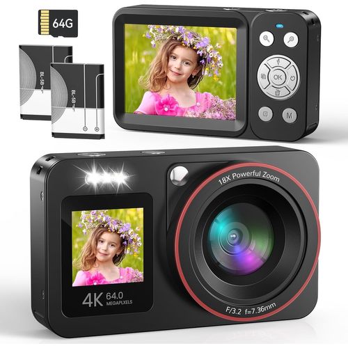 CHECARZHN--NO1-Appareil Photo Numérique 4K 64Mp Fhd Digital Camera Appareil Photo Compact Portable Avec 2 Écran 18X Zoom Carte Sd De 64 Gb Pour Étudiant Débutant Cadeau, Noir