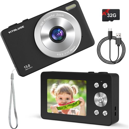 CHECARZHN--NO1-Appareil Photo Numérique 4K Pour Enfants - 13 Mp, Zoom 16X, Carte Sd 32 Go Incluse - Caméra Vintage Portable 2,83'' Pour Adolescents, Enfants, Garçons Et Filles - Cadeau Noir