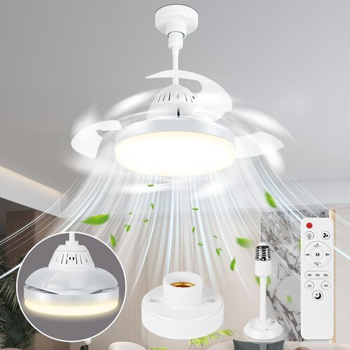 CHECARZHN--NO1-Ventilateur Plafond Avec Lumiere, 43Cm Lustre Ventilateur De Plafond Pliable Avec Douille E27 Et Telecommande, Petit Lampe Ventilateur Pour Chambre Salon, 3 Pales Cachées,3 Vitesses,Ti