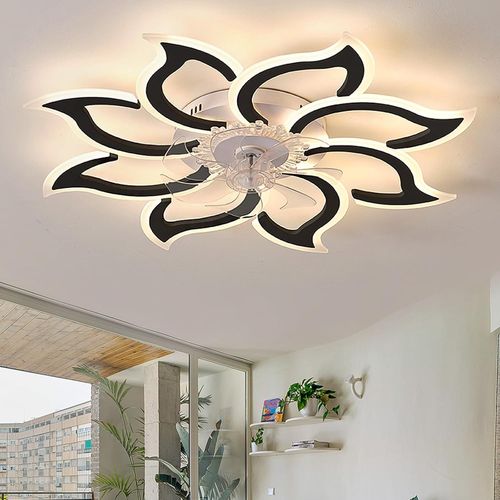 Checarzhn--No1-Salon Ventilateur Plafond Avec Lumiere Réversible, Dimmable Lustre Avec Ventilateur App, Plafonnier Ventilateur Moderne Avec Télécommande 6 Vitesses, Fleurs Pour Chambre-Black