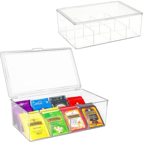 Checarzhn--No1-Lot De 2 Boîte À Thé Avec 16 Compartiments, Rangement Pour Sachets De Thé, Tisane, Boite Thé En Plastique, Pour Amateur De Thé -Clair