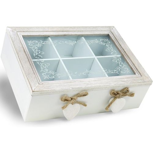 Checarzhn--No1-Boîte De Rangement Design Vintage Pour Thé Et Sachets De Thé, Boîte À Thé En Bois Avec 6 Compartiments Et Fenêtre En Verre, 23,1 X 7,1 X 16,8 Cm (1 Pièce - Coeurs Marron/Blanc)