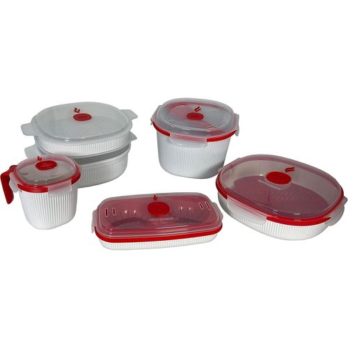 CHECARZHN--NO1-Cu ur Vapeur Riz, 5 Pcs, Conteneurs Cuisson Micro-Ondes, Cu ur À Vapeur 4 Lt, Cu ur À Vapeur 2 Lt, Blanche Et Rouge, Made In Italy