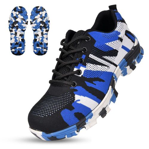 Chaussures De Securite Camouflage Pour Homme, Bottes De Travail Anti-Perforation A Embout D'acier (Bleu Camouflage, Pointure 43)