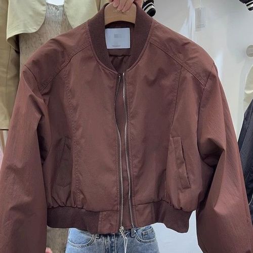 Veste De Baseball Courte Et Ample À Col Montant Pour Femme, Style Décontracté, Couleur Unie, Polyvalente, Tendance Printemps Et Automne