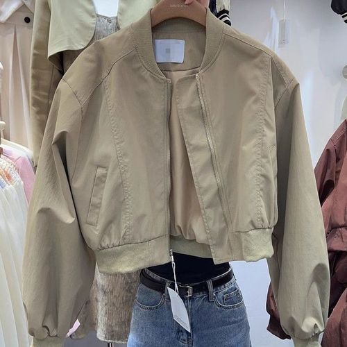 Veste De Baseball Courte Et Ample À Col Montant Pour Femme, Style Décontracté, Couleur Unie, Polyvalente, Tendance Printemps Et Automne
