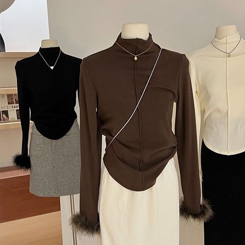 Chemise À Col Roulé Mi-Long Pour Femme, Automne Et Hiver, Avec T-Shirt Slim À Manches Longues Et Fourrure