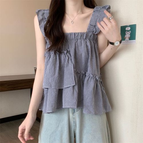 Chemise Babydoll D'été À Manches Volantées Irrégulières Et Haut À Bretelles Pour Femme