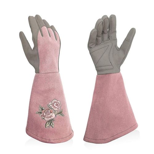 Gants de jardinage en cuir pour femme, anti-perforation, manches longues, élégants gants de jardinage pour femme avec broderie raffinée, rose, taille M