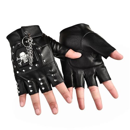 Gants Sans Doigts Punk Gothiques En Cuir Pu, Demi-Doigts, Rivets Métalliques, Décorations De Chaîne De Crâne Pour Hommes, Gants De Moto Sans Doigts