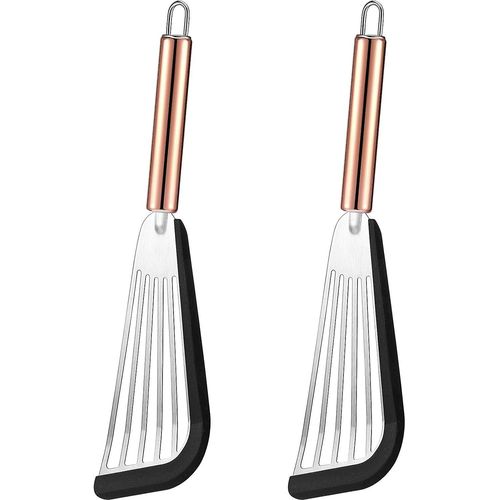 Spatule Ajourée, Spatule Flexible En Acier Inoxydable Avec Dessus En Silicone, Bord Souple, Spatule Ajourée Avec Manche Doré (2, Noir)