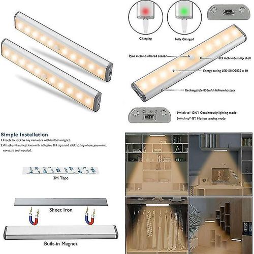 Éclairage d'armoire, éclairage d'armoire à détecteur de mouvement, éclairage d'armoire de rangement sans fil avec batterie rechargeable intégrée, veilleuse magnétique autocollante, pour cuisine