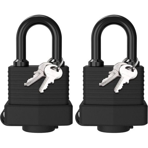 Cadenas à clé avec protection thermoplastique, [2 pièces] Cadenas en laiton étanche, Cadenas extérieur en acier laminé résistant aux intempéries, 4 clés, pour casier, salle de sport,