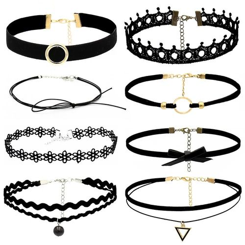 Ensemble De Colliers, Collier 8 Pièces, Ensemble De Colliers En Velours Noir, Collier En Dentelle De Tatouage Gothique Classique, Collier Ras Du Cou