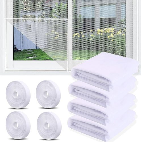 Lot de 4 moustiquaires pour fenêtre, 150 x 130 cm, découpables, avec 4 rouleaux de bandes autocollantes, noir