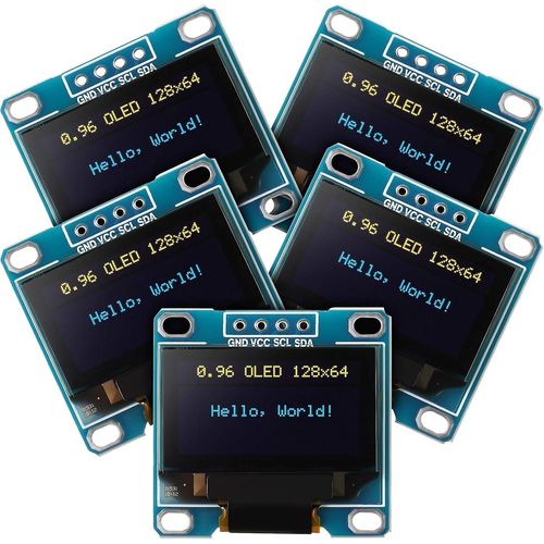 Lot de 5 modules OLED 0,96 pouce 12864 128x64, carte d'affichage auto-luminescente, pilote série IIC I2C compatible avec Arduino et Raspberry PI (bleu et jaune)