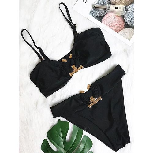 Maillot De Bain Deux Pièces Pour Femme, Bikini Bandeau Sans Bretelles Avec Boucle En Métal, Coupe Haute