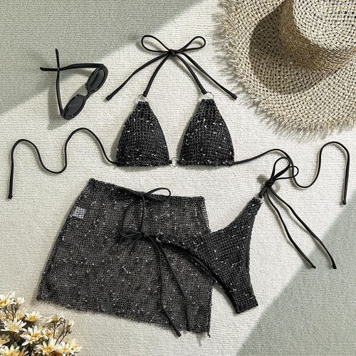 Maillot De Bain Trois Pièces En Résille Pour Femme, Avec Jupe Sarong En Maille Et Col Licou