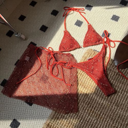 Maillot De Bain Trois Pièces En Résille Pour Femme, Avec Jupe Sarong En Maille Et Col Licou