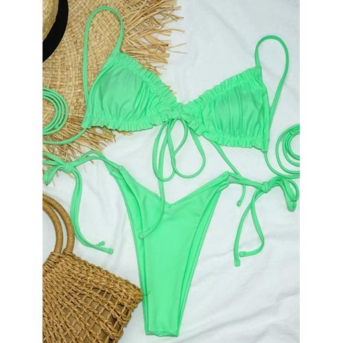 Maillot De Bain Deux Pièces Sexy À Volants Et String Pour Femme, Ensemble Bikini À Lacets Et Taille Haute