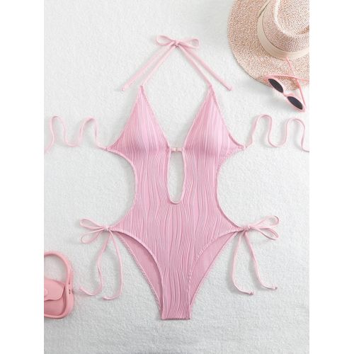 Maillot De Bain Une Pièce Froissé À Col En V Et Dos Nu Pour Femme, Modèle S-Xxl, Taille Haute, Monokini