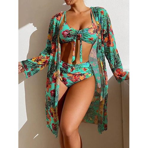 Maillot De Bain 3 Pièces Pour Femme, Bikini Push-Up À Manches Longues, En Maille, Gris/Bleu/Jaune/Blanc/Violet/Rose/Vert