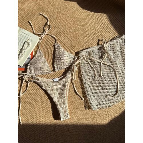 Maillot De Bain Trois Pièces En Résille Pour Femme, Avec Jupe Sarong En Maille Et Col Licou
