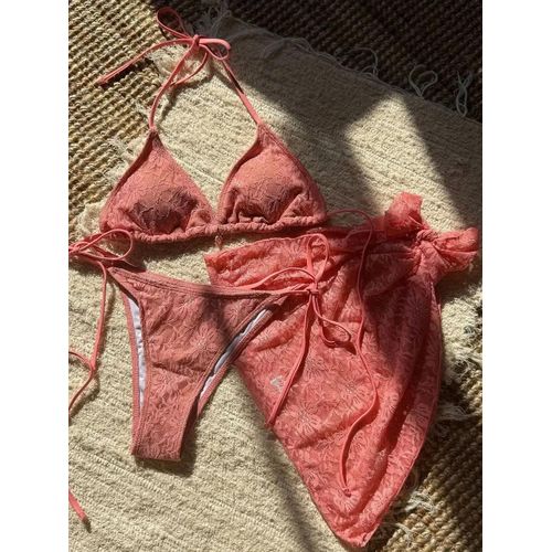 Maillot De Bain 3 Pièces En Dentelle Et Maille, Paréo, Col Licou, Coupe Haute, Pour Femme