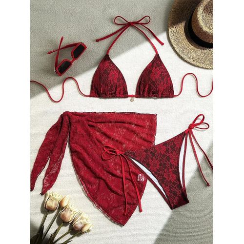 Maillot De Bain 3 Pièces En Dentelle Et Maille, Paréo, Col Licou, Coupe Haute, Pour Femme