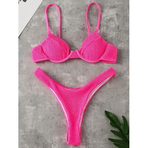 Maillot De Bain Deux Pièces Froncé À Armatures Et Barre En V Pour Femme, Ensemble Bikini Taille Haute, Vêtements De Plage