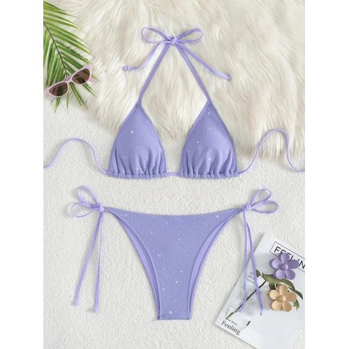 Maillot De Bain Deux Pièces Brillant Et Scintillant, Bikini À Bretelles Et Dos Nu, Coupe Haute, Pour Femme, 2025