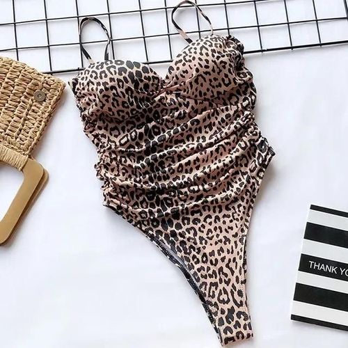 Maillot De Bain Une Pièce À Imprimé Léopard Pour Femme, Soutien-Gorge Push-Up, Coupe Bandeau Froncée, Monokini, Taille Haute
