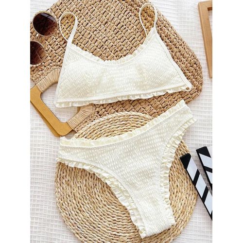 Maillot De Bain Deux Pièces Pour Femme, Bikini À Volants, Froissé Et Plissé, Blanc