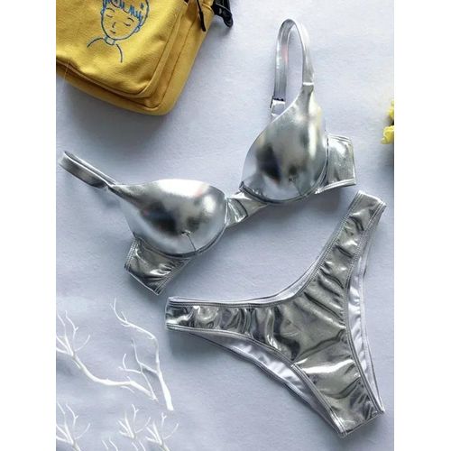 Maillot De Bain Deux Pièces En Similicuir Pu Brillant Pour Femme, Ensemble Bikini Avec Soutien-Gorge À Armatures Et Bonnets