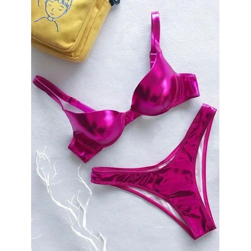 Maillot De Bain Deux Pièces En Similicuir Pu Brillant Pour Femme, Ensemble Bikini Avec Soutien-Gorge À Armatures Et Bonnets