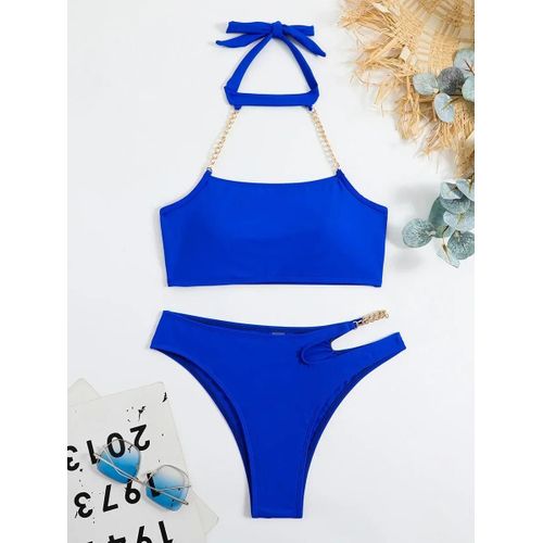 Maillot De Bain Deux Pièces Sexy Avec Chaînes Métalliques Et Col Licou Pour Femme, Taille Moyenne, 2025