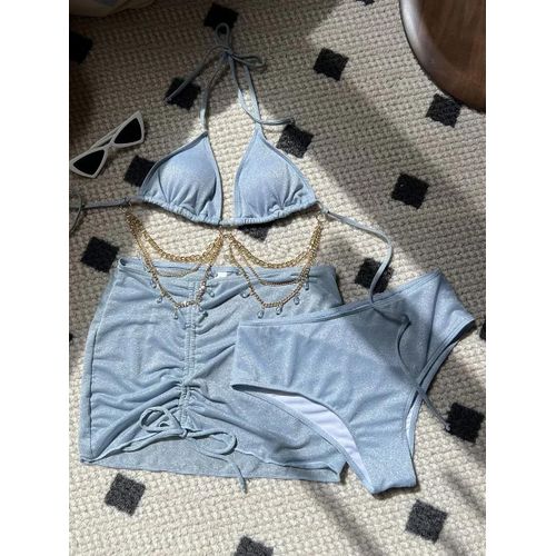 Maillot De Bain Trois Pièces Avec Jupe Scintillante Et Chaîne En Métal Pour Femme, Bikini Taille Haute, Vêtements De Plage