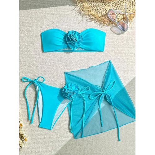 Maillot De Bain Trois Pièces En Maille Fleurie 3d, Jupe Sarong Bandeau, Bikini, Pour Femme