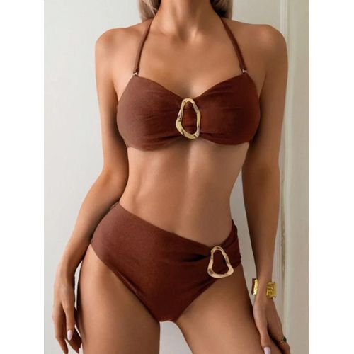 Maillot De Bain Deux Pièces Pour Femme, Taille Haute, Avec Anneaux Métalliques, Col Licou, Tailles S À Xl