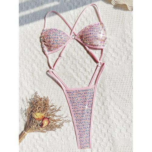Maillot De Bain Une Pièce Dos Nu À Paillettes Brillantes Pour Femme, Micro String, Taille Haute, Monokini