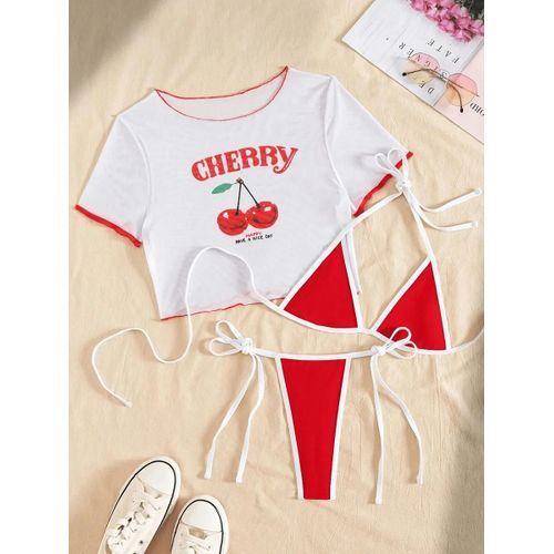 Maillot De Bain Trois Pièces En Maille À Imprimé Cerises, Mini Bikini À Manches Courtes, Pour Femme