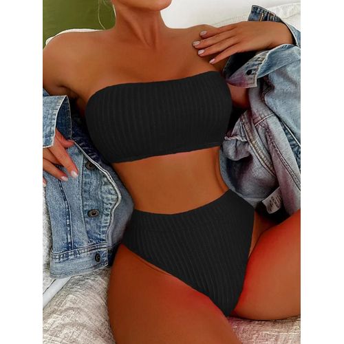 Maillot De Bain Deux Pièces Pour Femme, Bikini Bandeau Froissé, Taille Haute, Pour Baigneurs